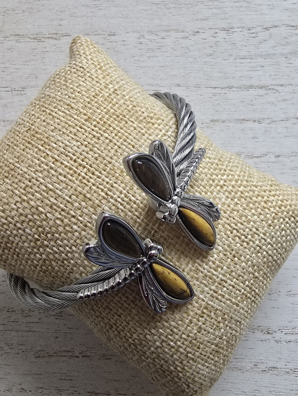Sterling-Tone Dragonfly Cuff Bracelet with Brown and Gray Accents